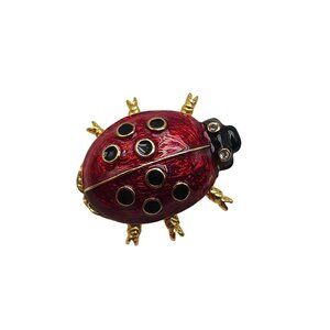 Vintage Ladybug Brooch Pin Gold Tone Red Enamel Black Dots Rhinestone Eyes